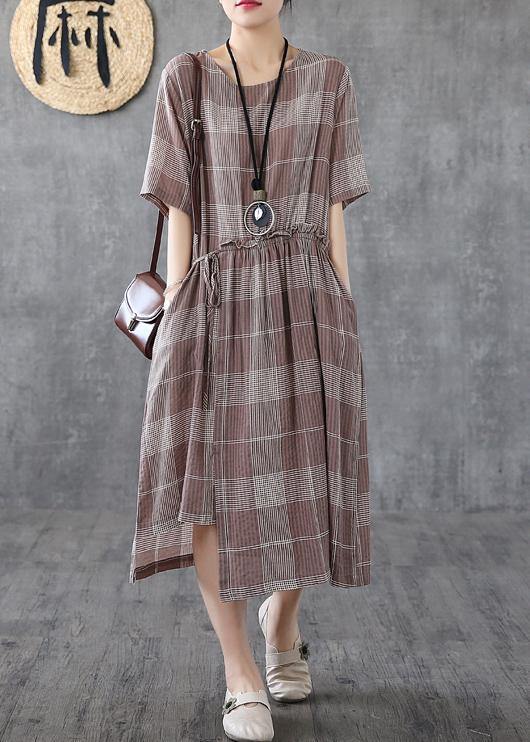 Loose Light Purple Plaid Cotton Robes O Neck Asymmetric Maxi Dress