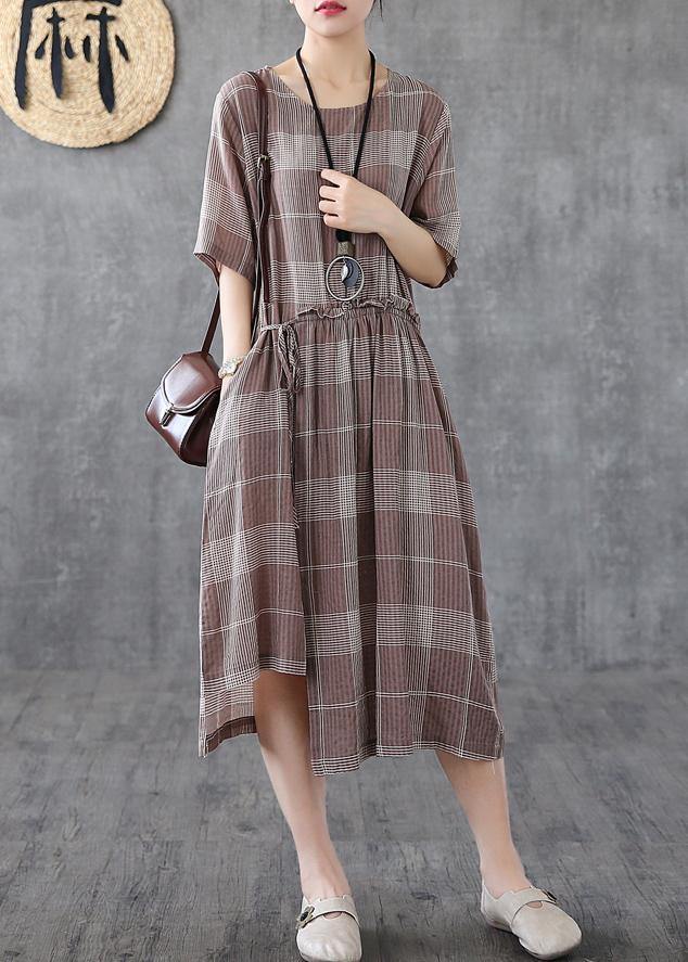 Loose Light Purple Plaid Cotton Robes O Neck Asymmetric Maxi Dress