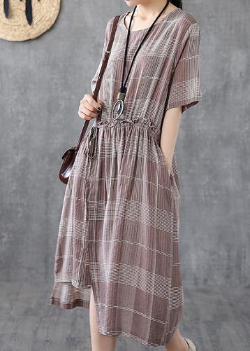 Loose Light Purple Plaid Cotton Robes O Neck Asymmetric Maxi Dress