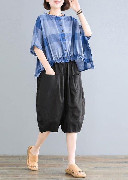 Loose Linen Pattern Agaric Lace Plaid T-shirt and Black Pants
