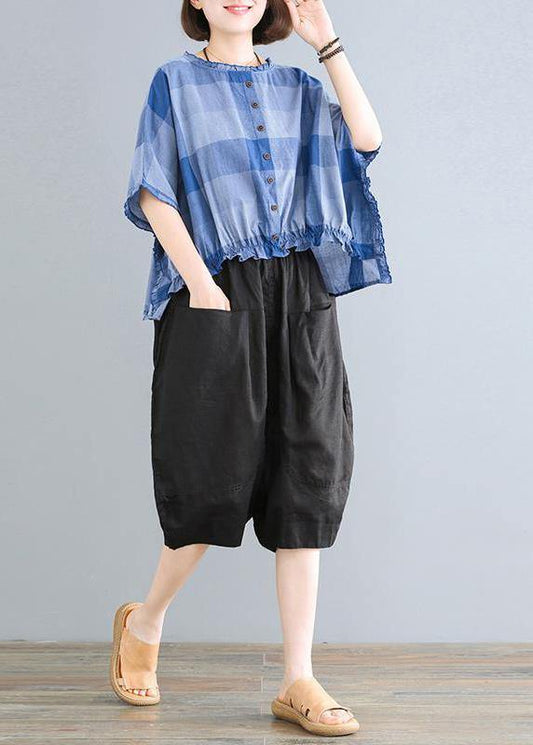 Loose Linen Pattern Agaric Lace Plaid T-shirt and Black Pants