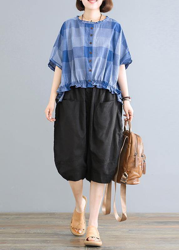 Loose Linen Pattern Agaric Lace Plaid T-shirt and Black Pants