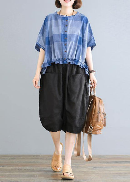 Loose Linen Pattern Agaric Lace Plaid T-shirt and Black Pants