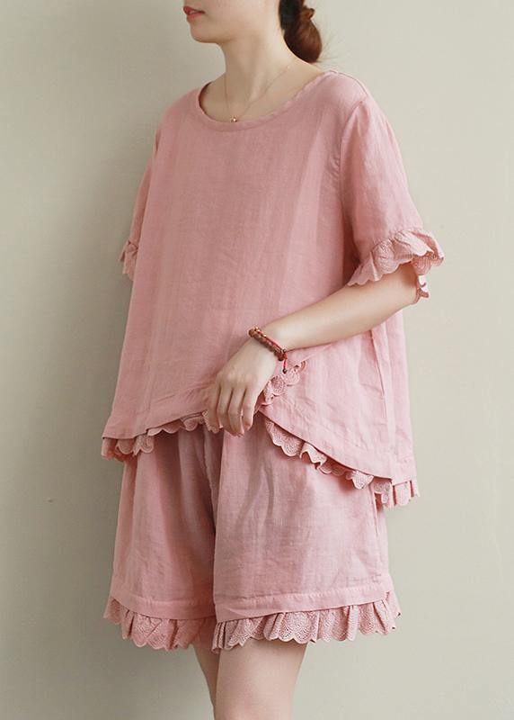 Loose Linen Suit Female Lace Irregular Round Neck Short Sleeve T-shirt Shorts Two-piece Suit