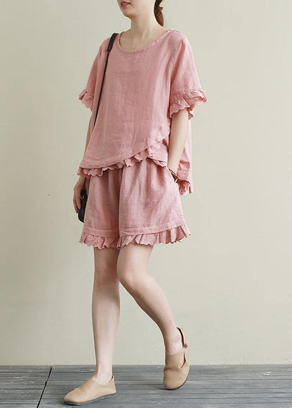 Loose Linen Suit Female Lace Irregular Round Neck Short Sleeve T-shirt Shorts Two-piece Suit