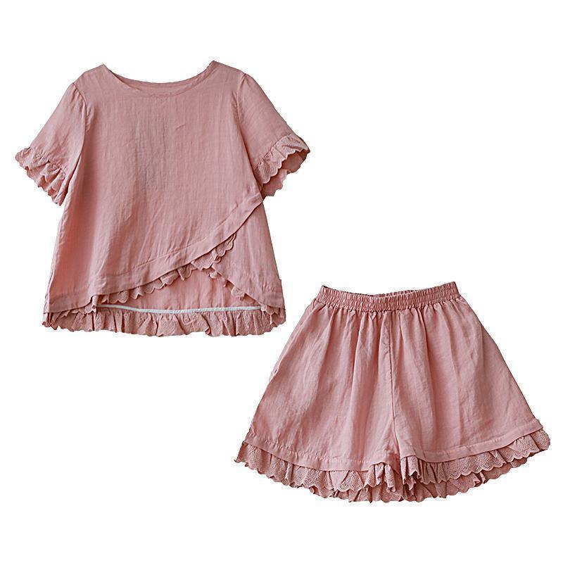 Loose Linen Suit Female Lace Irregular Round Neck Short Sleeve T-shirt Shorts Two-piece Suit