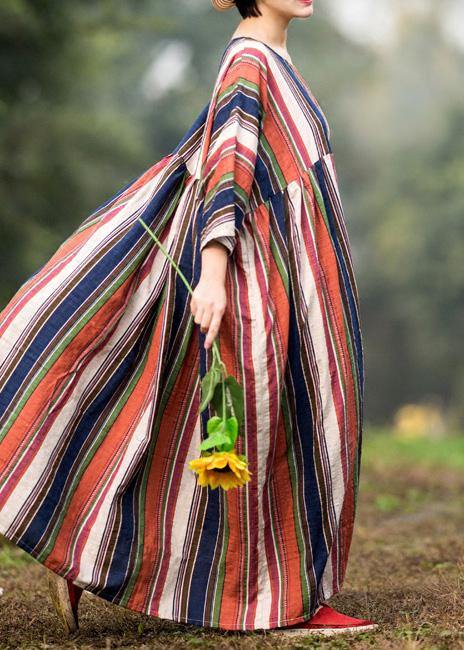 Loose Multicolor Striped Cotton Clothes Extra Large Hem O Neck Maxi Summer Dresses