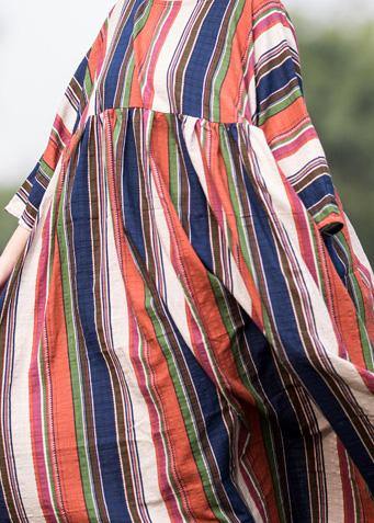 Loose Multicolor Striped Cotton Clothes Extra Large Hem O Neck Maxi Summer Dresses