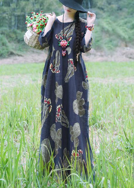 Loose Navy Cotton Linen Robes Sleeve Prints Summer Dress