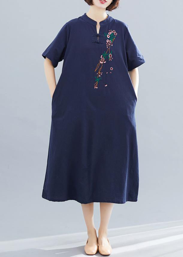 Loose Navy Cotton Quilting Dresses Embroidery a Line Summer Dresses