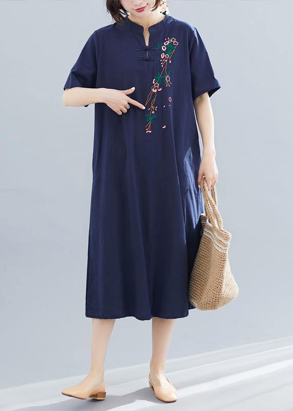 Loose Navy Cotton Quilting Dresses Embroidery a Line Summer Dresses