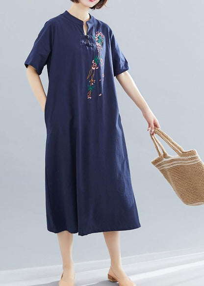 Loose Navy Cotton Quilting Dresses Embroidery a Line Summer Dresses