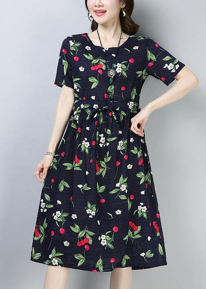 Loose Navy Prints Cotton Linen Tunic Dress Drawstring Loose Summer Dress