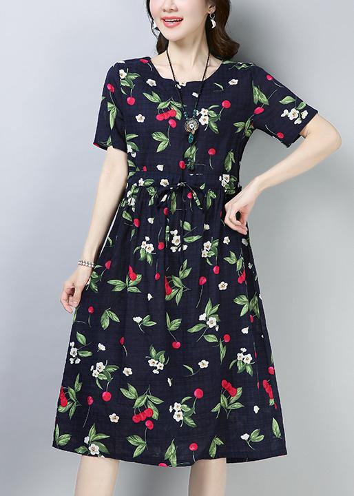 Loose Navy Prints Cotton Linen Tunic Dress Drawstring Loose Summer Dress