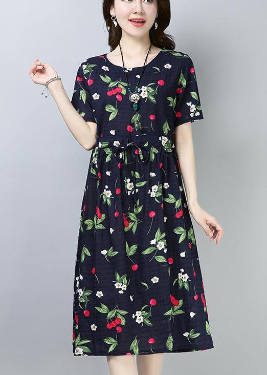 Loose Navy Prints Cotton Linen Tunic Dress Drawstring Loose Summer Dress