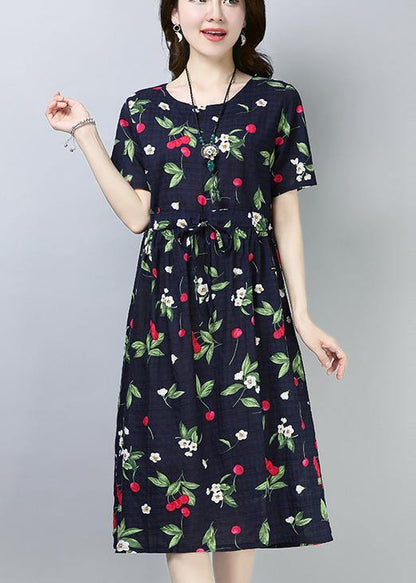 Loose Navy Prints Cotton Linen Tunic Dress Drawstring Loose Summer Dress