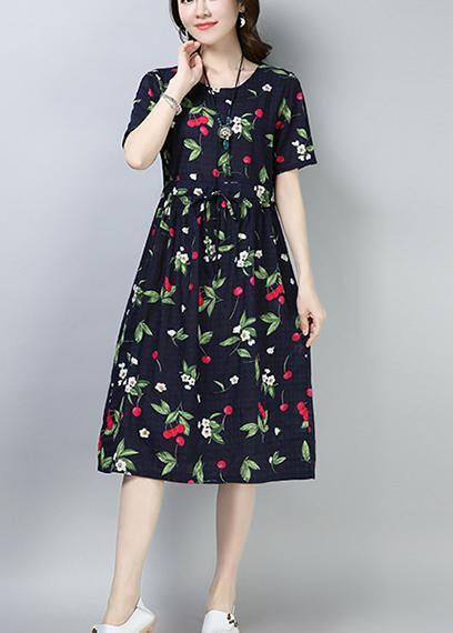 Loose Navy Prints Cotton Linen Tunic Dress Drawstring Loose Summer Dress