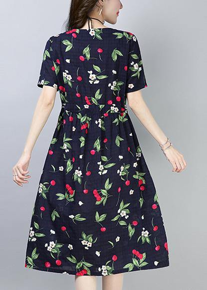 Loose Navy Prints Cotton Linen Tunic Dress Drawstring Loose Summer Dress