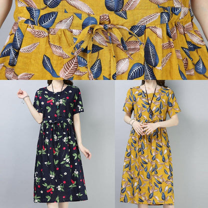 Loose Navy Prints Cotton Linen Tunic Dress Drawstring Loose Summer Dress