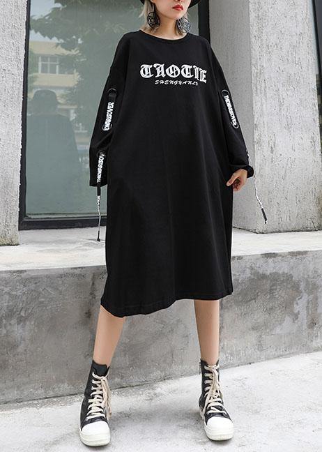 Loose O Neck Cotton Dresses Shirts Black Print Dresses