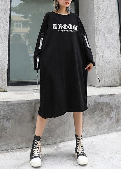 Loose O Neck Cotton Dresses Shirts Black Print Dresses