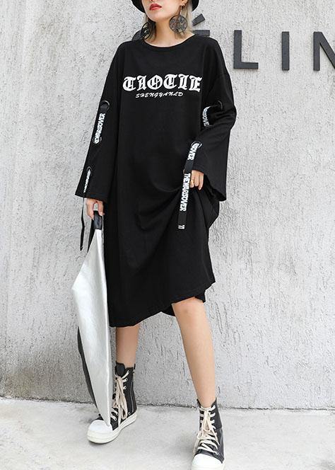 Loose O Neck Cotton Dresses Shirts Black Print Dresses