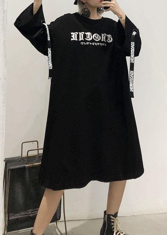 Loose O Neck Cotton Dresses Shirts Black Print Dresses