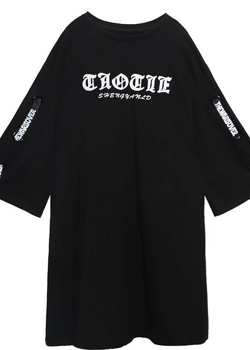 Loose O Neck Cotton Dresses Shirts Black Print Dresses