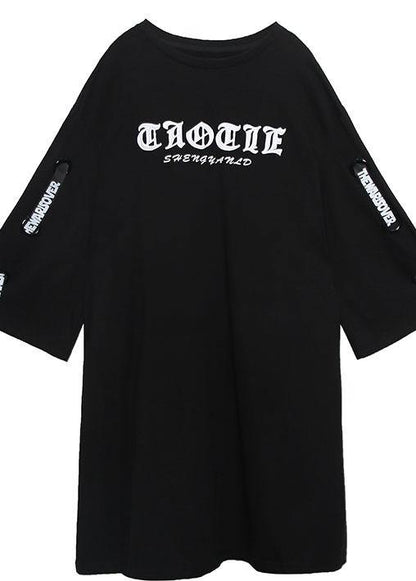 Loose O Neck Cotton Dresses Shirts Black Print Dresses