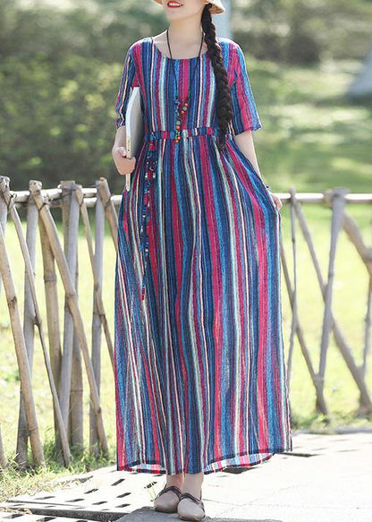 Loose O Neck Half Sleeve Linen Cotton Outfit Photography Blue Striped Long Dresses Summer
