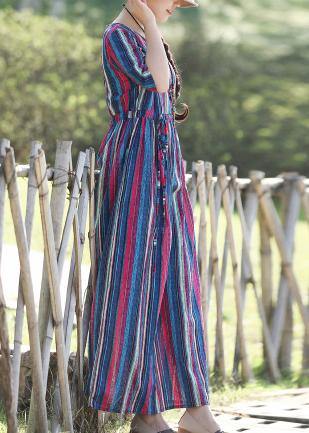 Loose O Neck Half Sleeve Linen Cotton Outfit Photography Blue Striped Long Dresses Summer