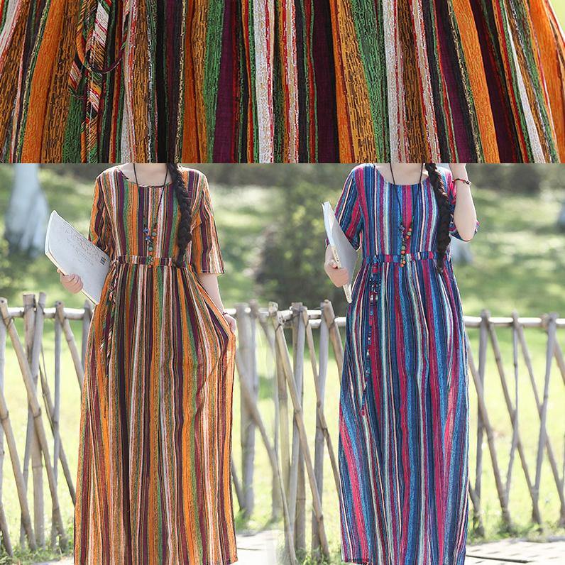 Loose O Neck Half Sleeve Linen Cotton Outfit Photography Blue Striped Long Dresses Summer