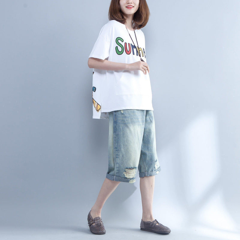 Loose O Neck Letter Cotton Shirts Ideas White Silhouette Tops