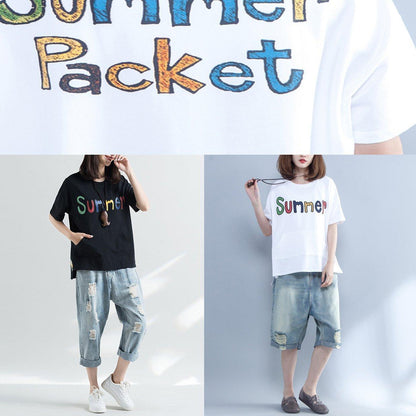 Loose O Neck Letter Cotton Shirts Ideas White Silhouette Tops