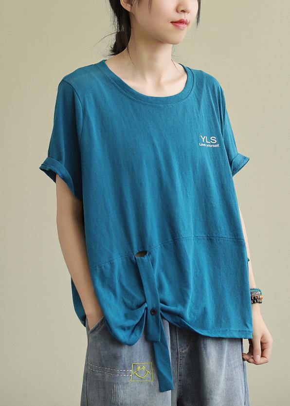 Loose O Neck Letter Cotton Tunics for Tunic Tops Blue Blouse