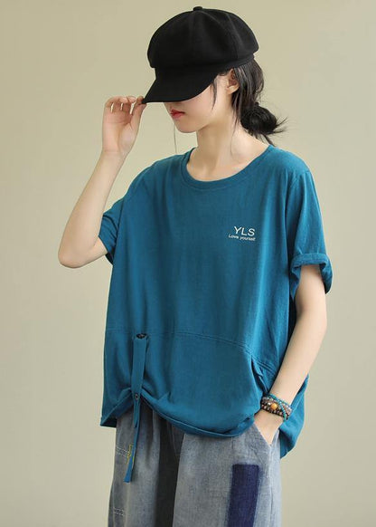 Loose O Neck Letter Cotton Tunics for Tunic Tops Blue Blouse