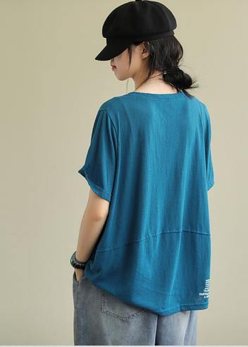 Loose O Neck Letter Cotton Tunics for Tunic Tops Blue Blouse