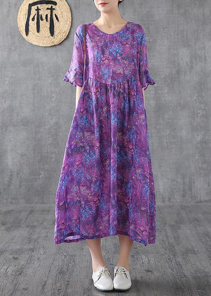Loose O Neck Petal Sleeve Linen Robes Ideas Purple Print Dress Summer
