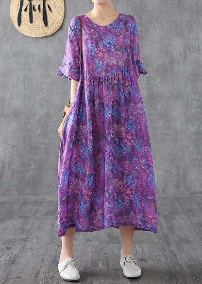 Loose O Neck Petal Sleeve Linen Robes Ideas Purple Print Dress Summer