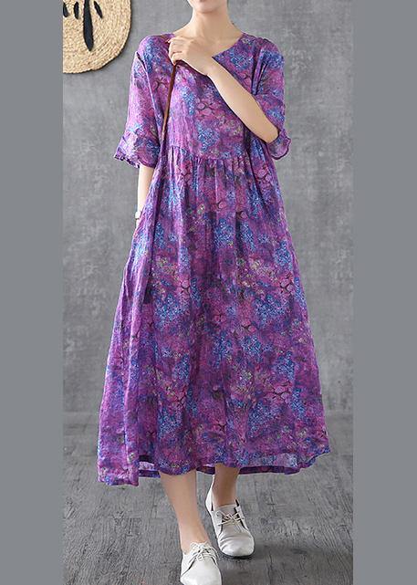Loose O Neck Petal Sleeve Linen Robes Ideas Purple Print Dress Summer