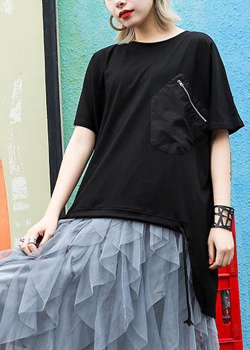 Loose O Neck Asymmetric Shirts Outfits Black Blouses