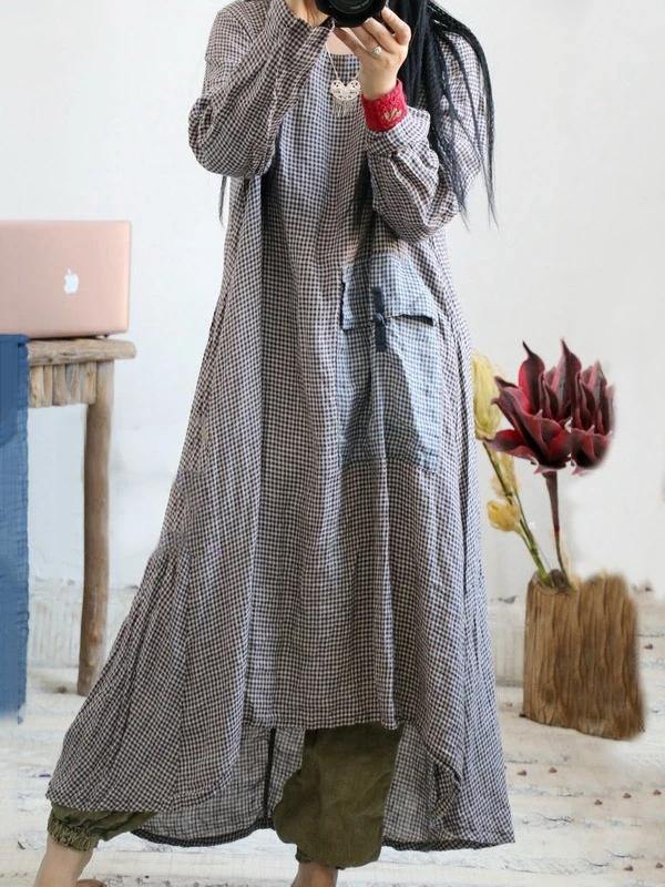 Loose O Neck Asymmetric Cotton Linen Soft Surroundings Wardrobes Plaid Dress