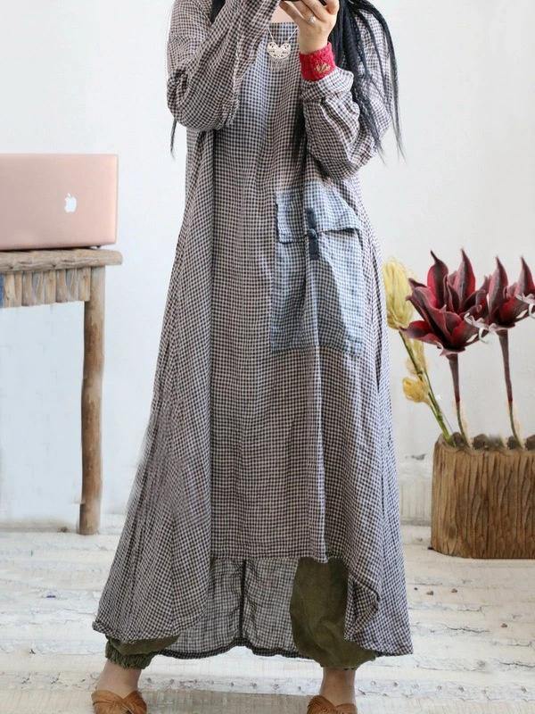 Loose O Neck Asymmetric Cotton Linen Soft Surroundings Wardrobes Plaid Dress
