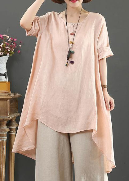 Loose O Neck Asymmetric Linen Summer Linen Tops Pattern Pink Shirts