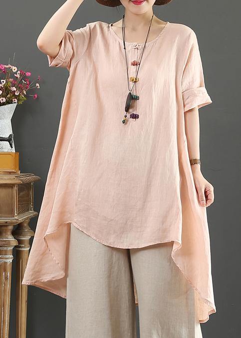Loose O Neck Asymmetric Linen Summer Linen Tops Pattern Pink Shirts