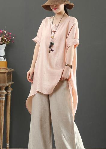 Loose O Neck Asymmetric Linen Summer Linen Tops Pattern Pink Shirts