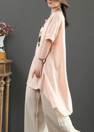 Loose O Neck Asymmetric Linen Summer Linen Tops Pattern Pink Shirts