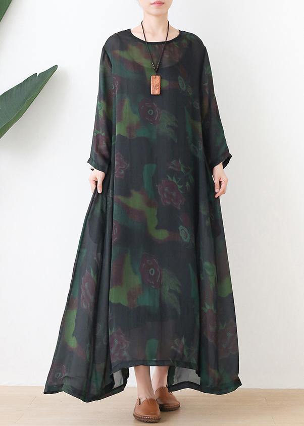 Loose O Neck Chiffon Kaftans Green Print Maxi Dresses