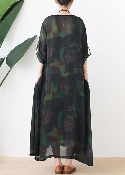Loose O Neck Chiffon Kaftans Green Print Maxi Dresses