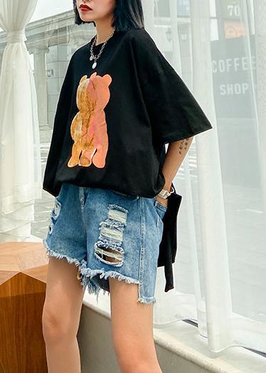 Loose O Neck Cotton Box Top Tutorials Black Print Yellow Shirt